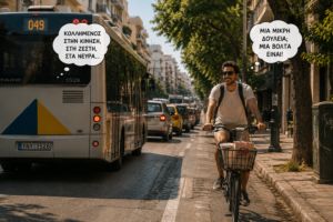 Καθημερινή μετακίνηση με ποδήλατο δίπλα στην κίνηση της πόλης, ως γρήγορη και πρακτική επιλογή για μικρές διαδρομές αντί του αυτοκινήτου.