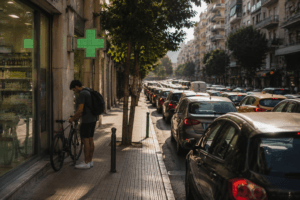 Μετακίνηση με ποδήλατο σε δρόμο με αυξημένη κίνηση, ως έξυπνη επιλογή για μικρές αστικές διαδρομές χωρίς καθυστερήσεις και άγχος.