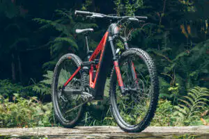 Mountain bike με ανάρτηση RockShox σε δασικό μονοπάτι