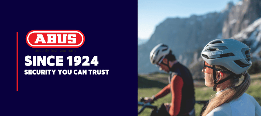 Banner ABUS με ποδηλάτες και μήνυμα Since 1924 Security You Can Trust