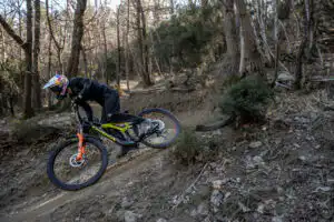 Mountain biker σε δασικό μονοπάτι με φρένα Galfer